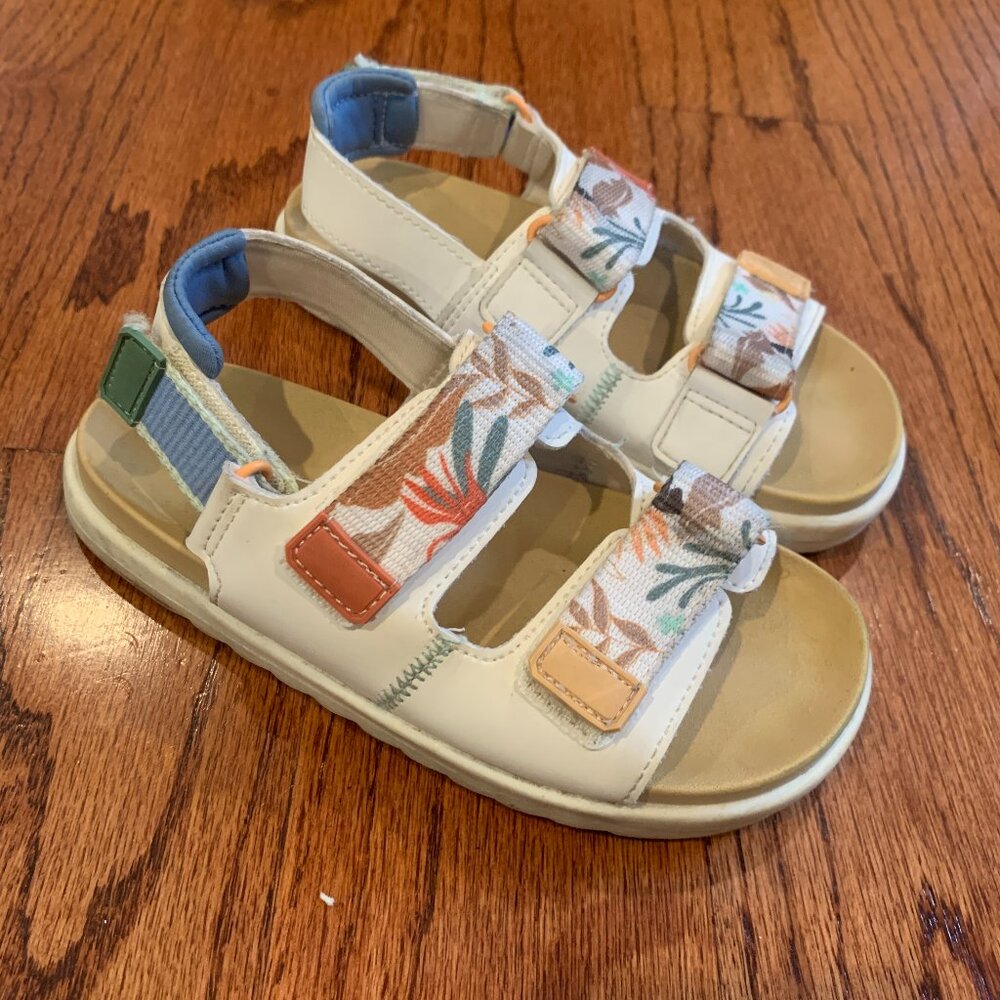 Zara Leaf Print Double Buckle Sandals | Off White/White Multi | EU 27/US 10